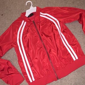 Red with white stripped jacket